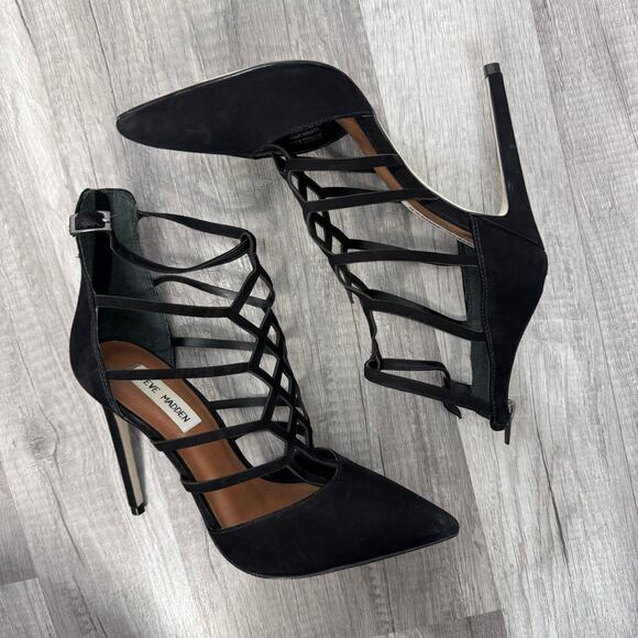 STEVE MADDEN Sonillo Cage Design Court Shoes Suede Stiletto Heels Black 8 1/2 - Picture 2 of 8